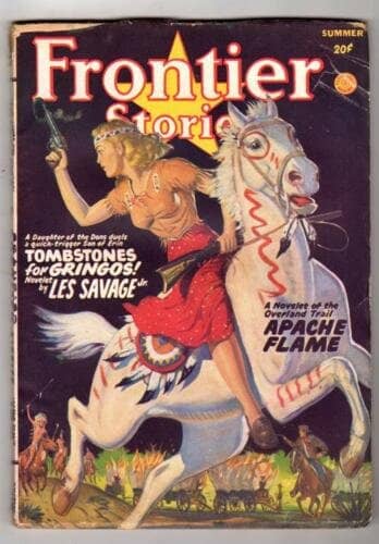 Frontier Stories pulp depicting a woman riding a white horse being menaced by Indians