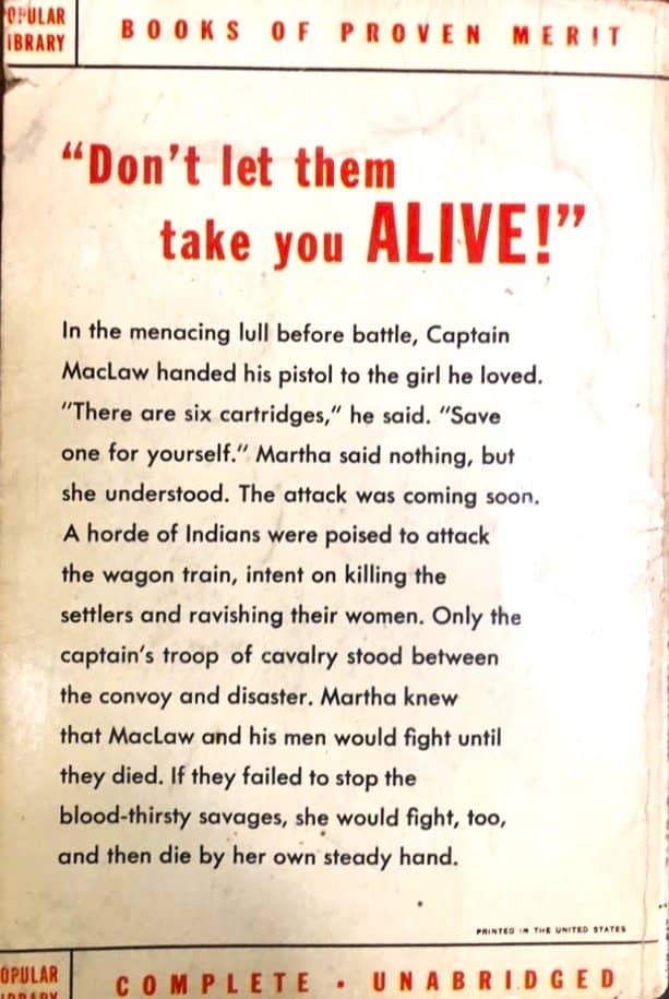 Back cover of vintage paperback titled "Rear Guard" with blurb from the story about an Indian attack in the old west