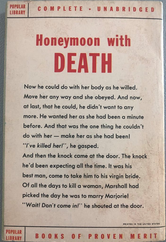 Back cover of vintage paperback book title "Fright" by George Hopley with writing that depicts a scene from the book where a man kills a woman on his wedding day