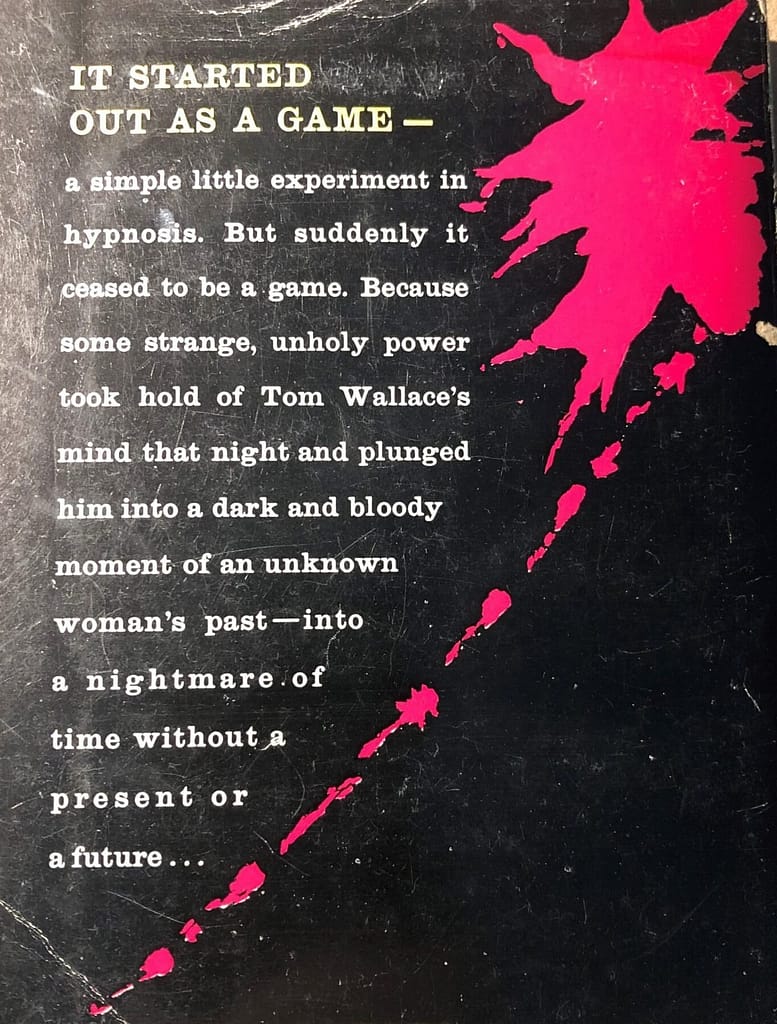 Back cover of vintage paperback describing plot of the book